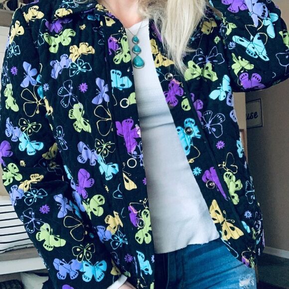 Vintage style Y2K colorful butterfly padded shoulder quilted embroidered jacket - Picture 1 of 7